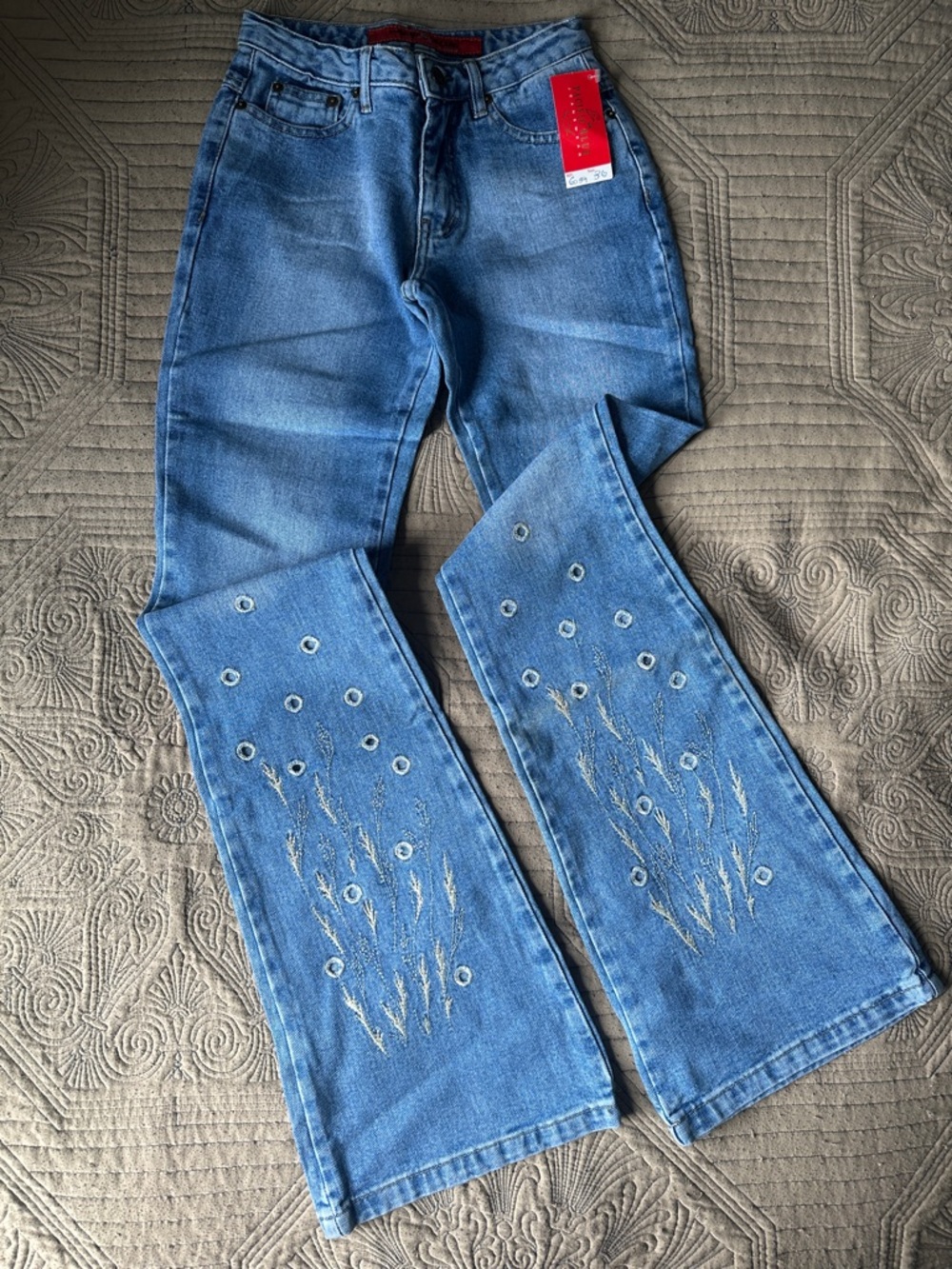 Pacific Blue Light Blue Embroidered Flare Jeans with Eyelet Detail